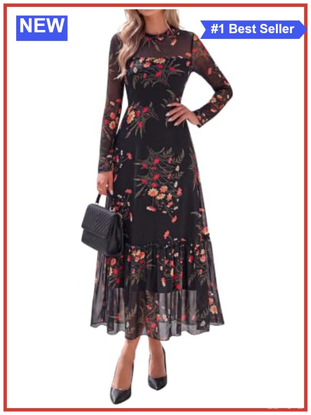 Women's Sheer Mesh Floral Maxi Dress Long Sleeve Mock Neck A-Line Cocktail